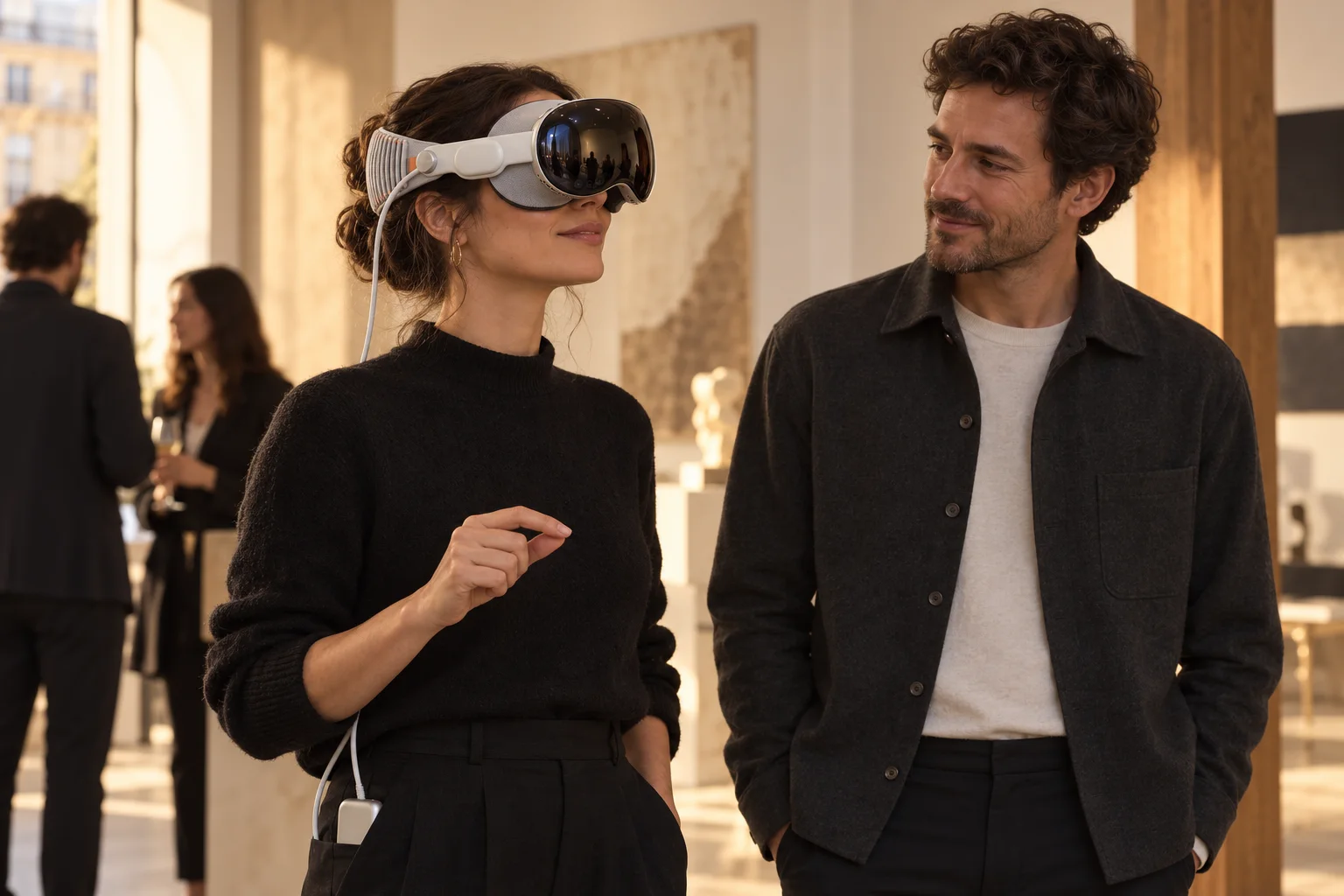 Une participante découvre l’Apple Vision Pro lors d’une rencontre professionnelle. Scène illustrative.