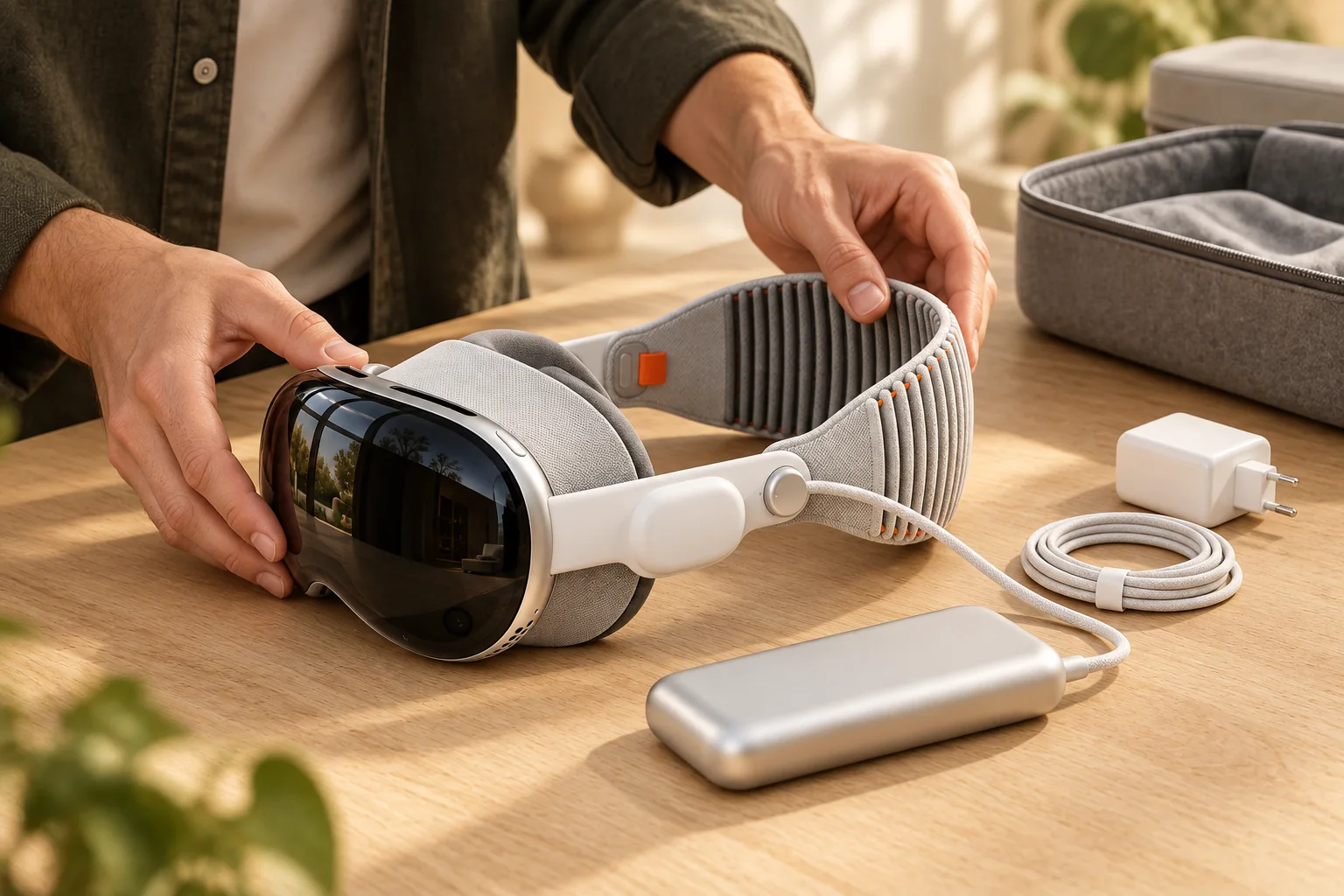 Des mains préparent un Apple Vision Pro et ses accessoires sur une table claire, avec un conditionnement ouvert en retrait. Scène illustrative.