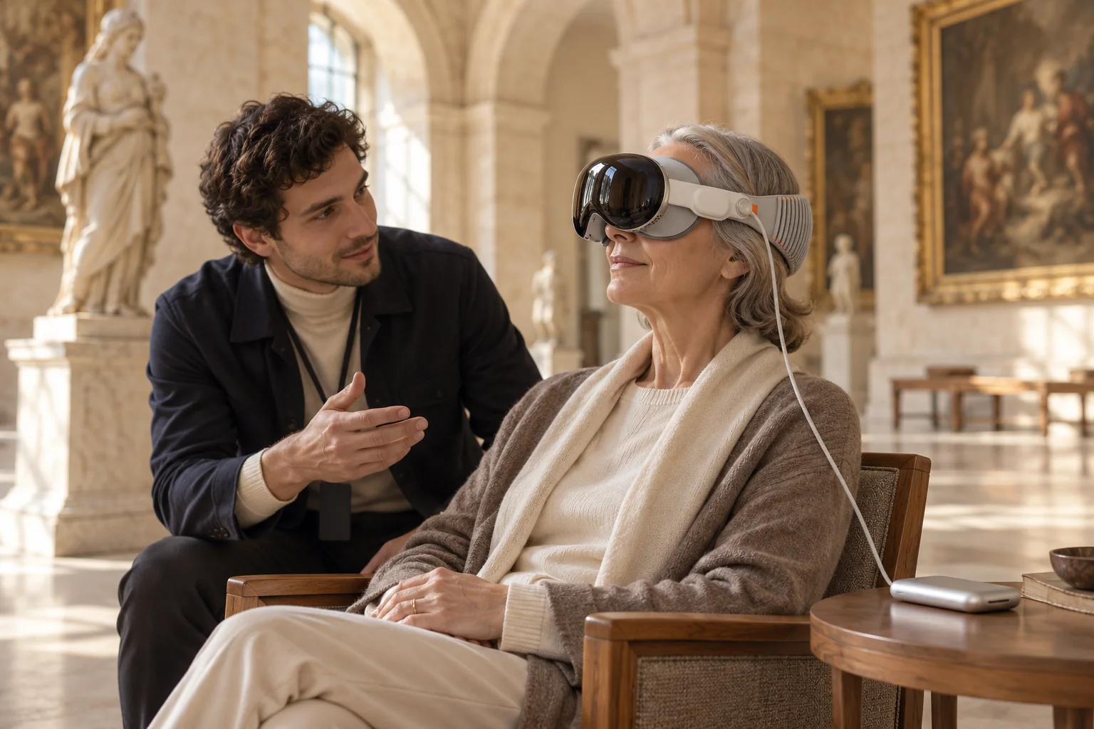 Une visiteuse découvre le Vision Pro avec un médiateur dans un musée patrimonial. Illustration.
