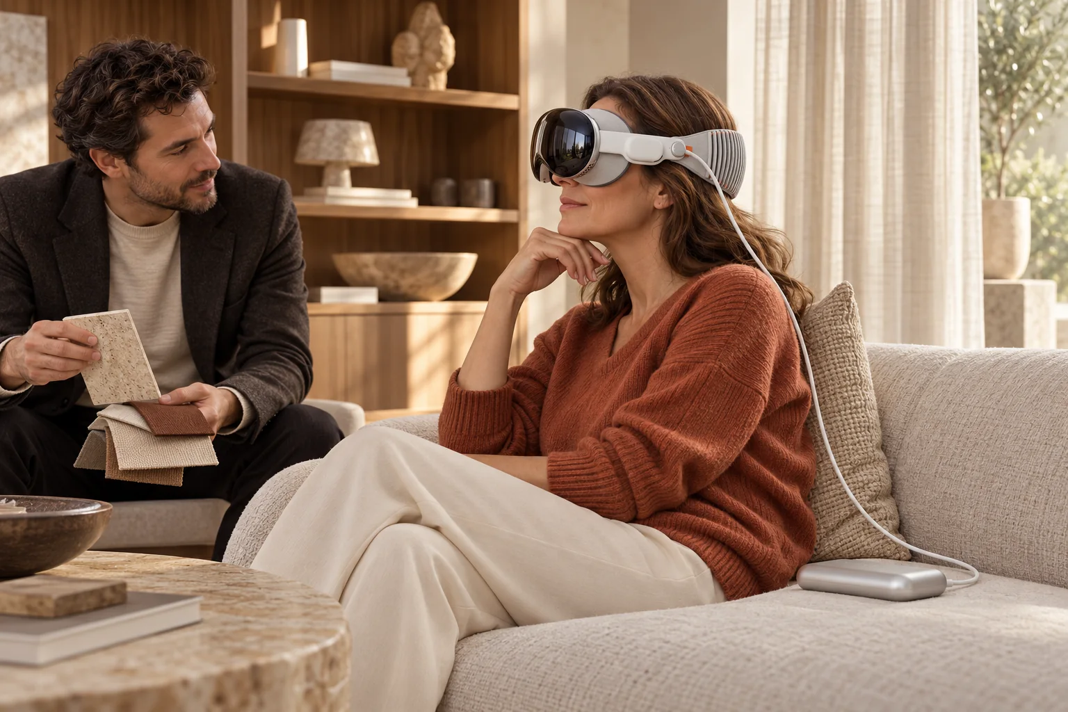 Une cliente découvre le Vision Pro dans un showroom de mobilier, accompagnée par un designer. Illustration.