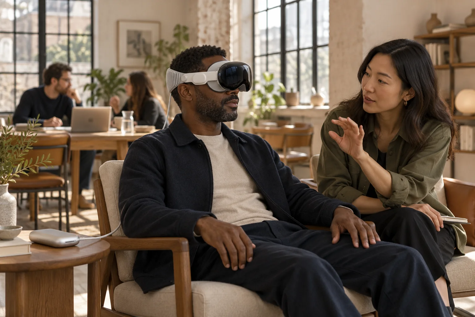 Un participant découvre un Apple Vision Pro avec une facilitatrice lors d’un atelier professionnel. Illustration.
