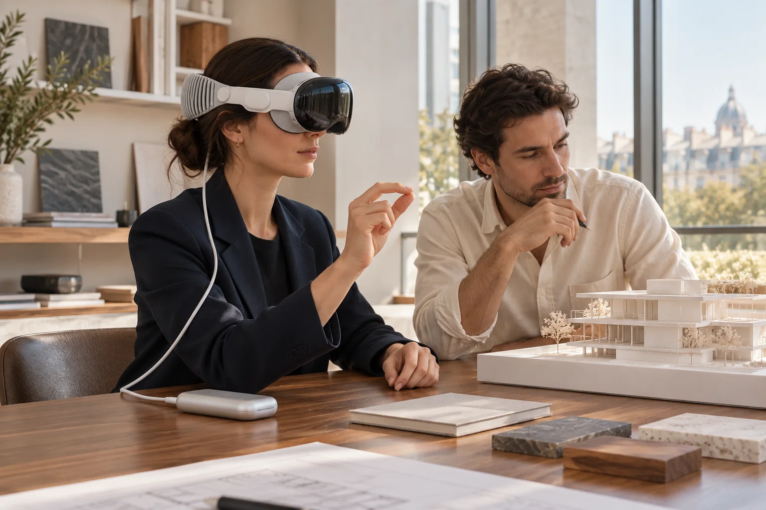 Présentation d’un projet architectural avec un Apple Vision Pro. Scène illustrative.