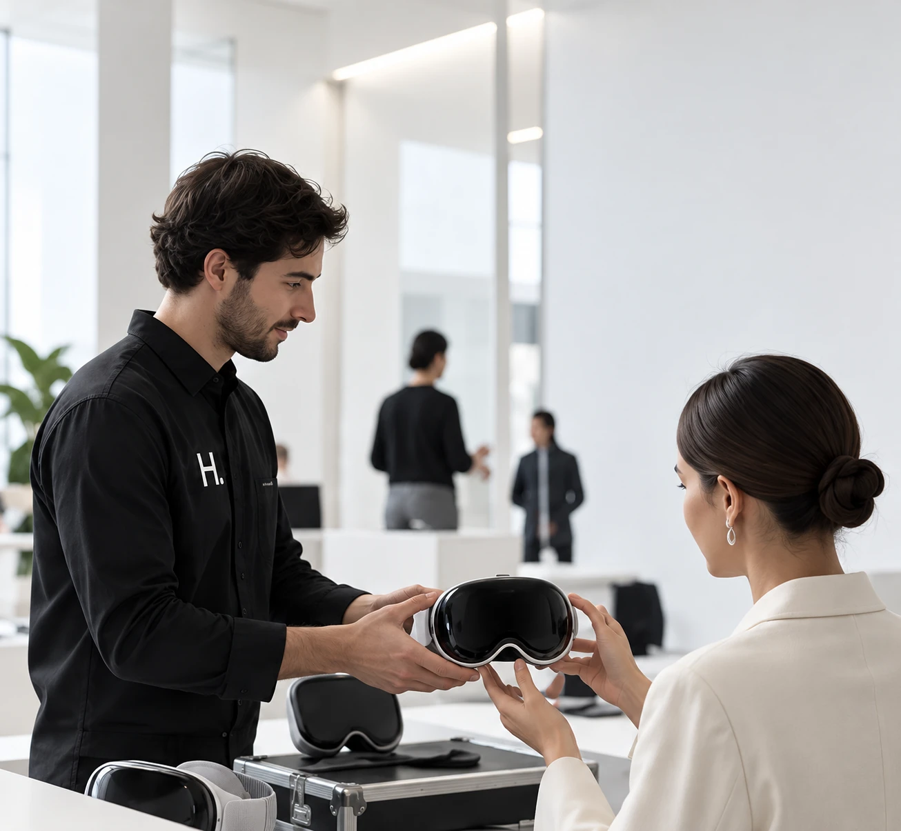 Un opérateur prépare un Apple Vision Pro avec une cliente dans un espace lumineux. Visuel d’illustration.